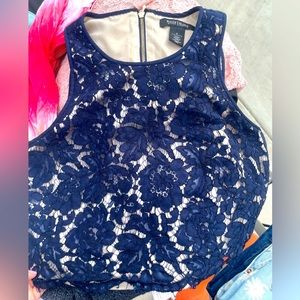 WHBM NAVY LACE CROP TOP